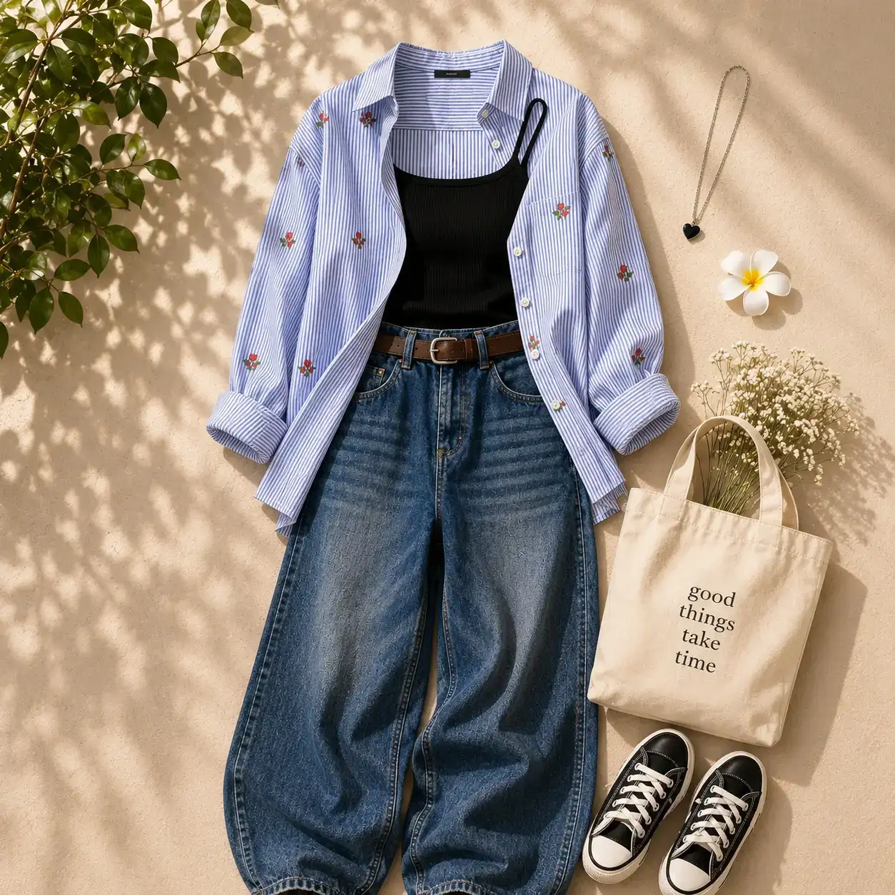 Chic Pink Striped Overshirt, Black Camisole, and Wide-Leg Jeans 3-Piece Set - Image 2