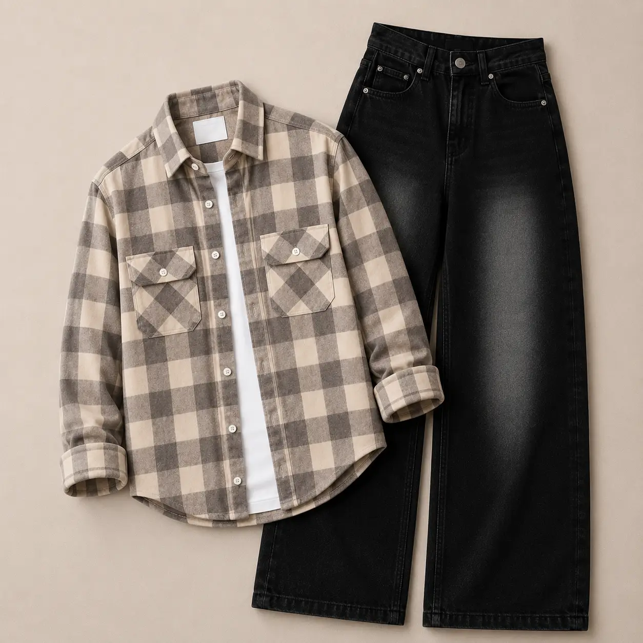 Bold Brown Checkered Overshirt and Faded Black Wide-Leg Jeans Set - Image 3