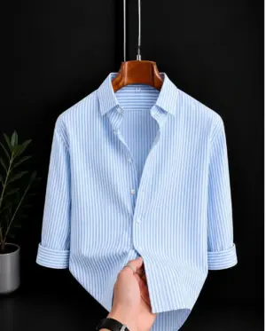 Men's Light Blue Striped Casual Cotton Shirt