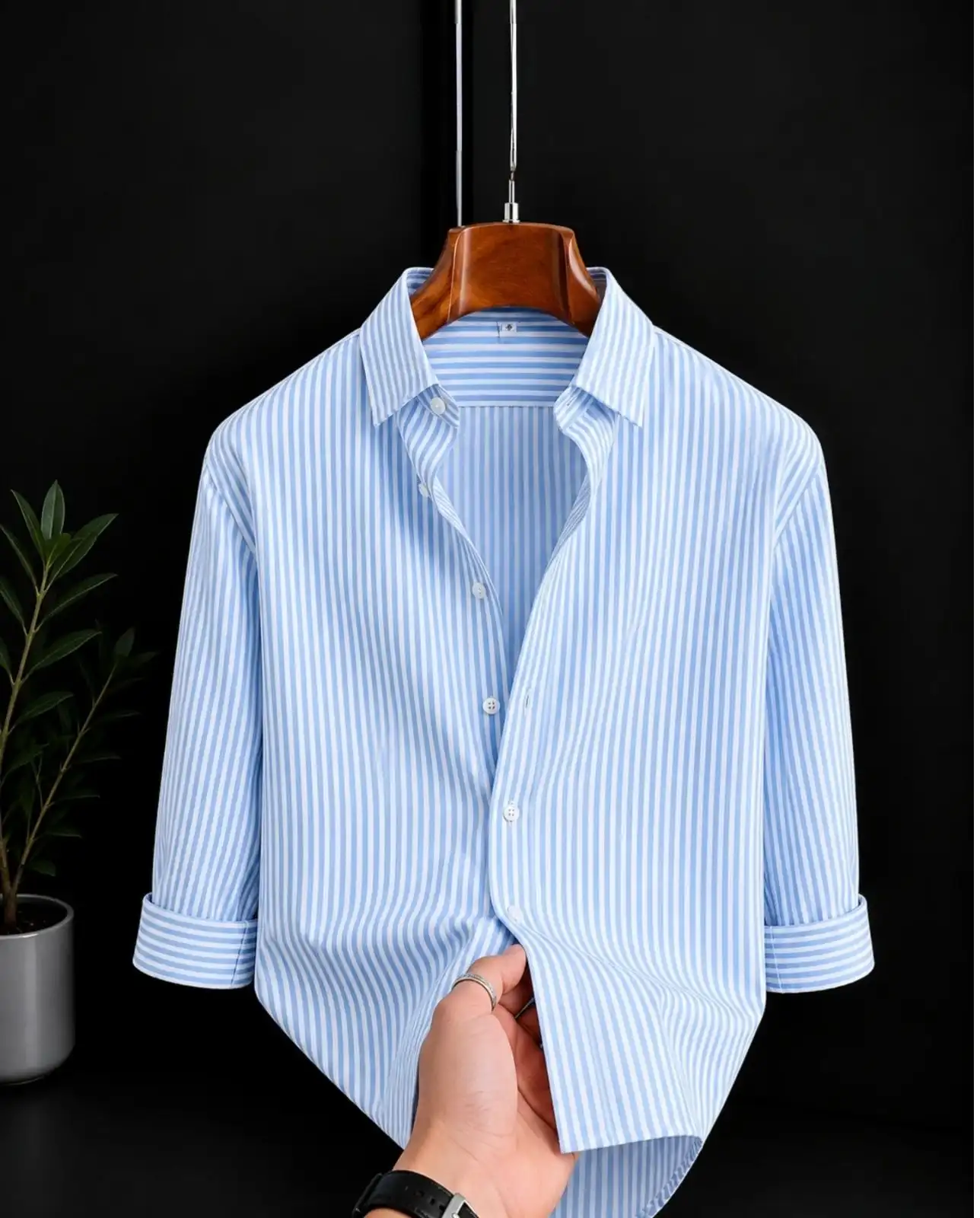 Men's Light Blue Striped Casual Cotton Shirt