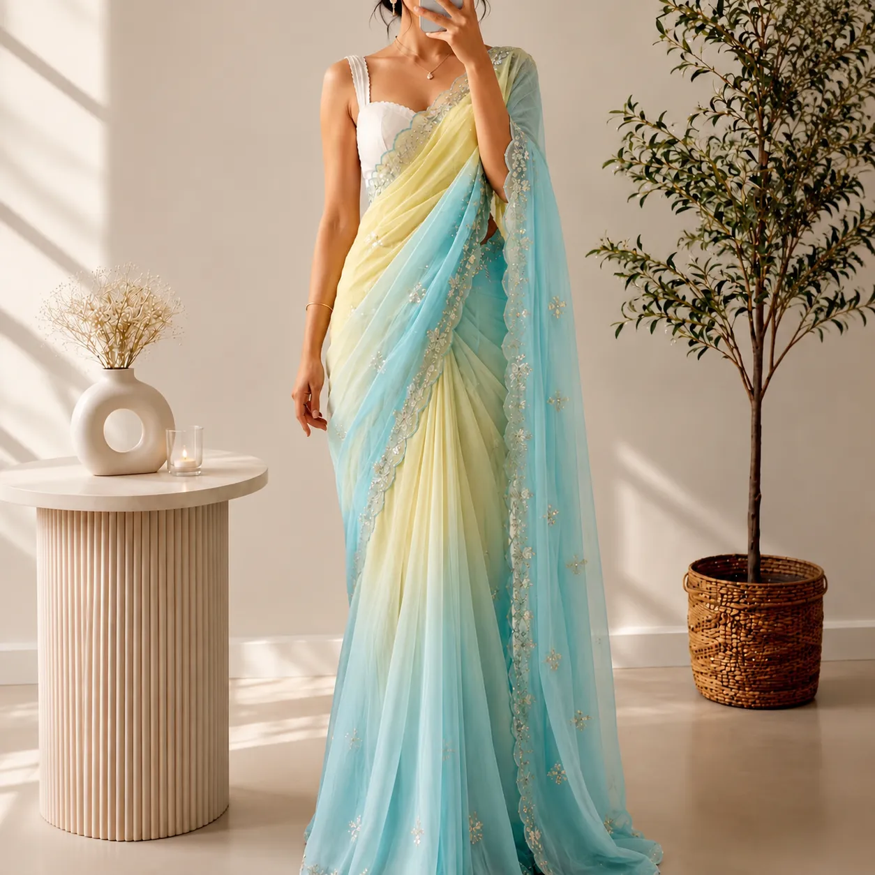 Graceful Pink & White Ombre Georgette Saree - Image 7