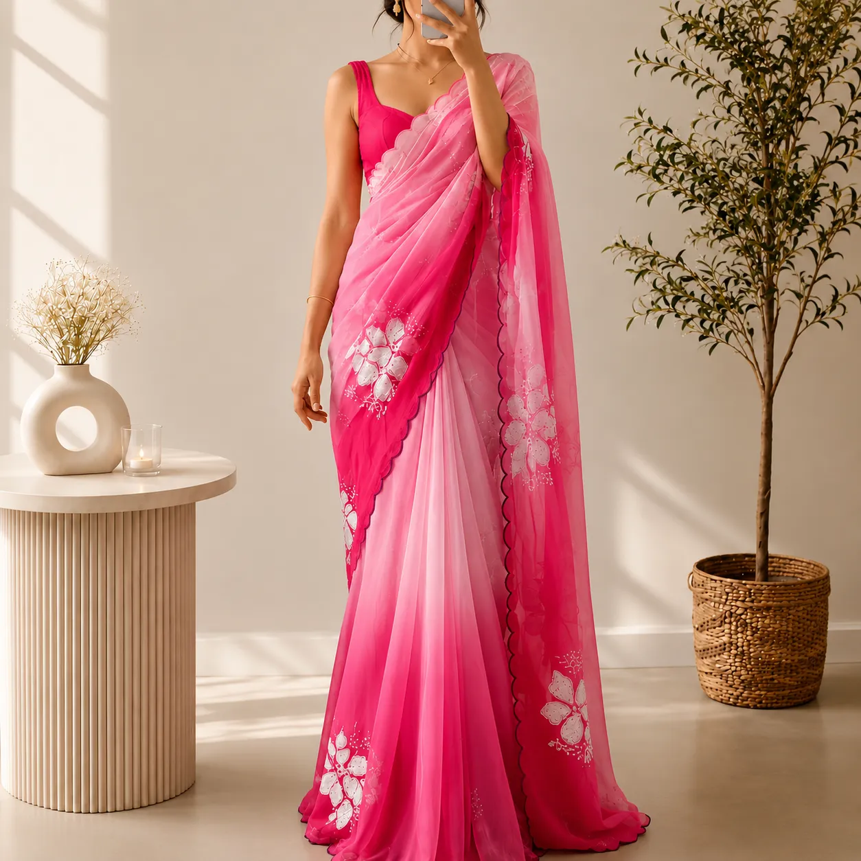 Graceful Pink & White Ombre Georgette Saree - Image 4