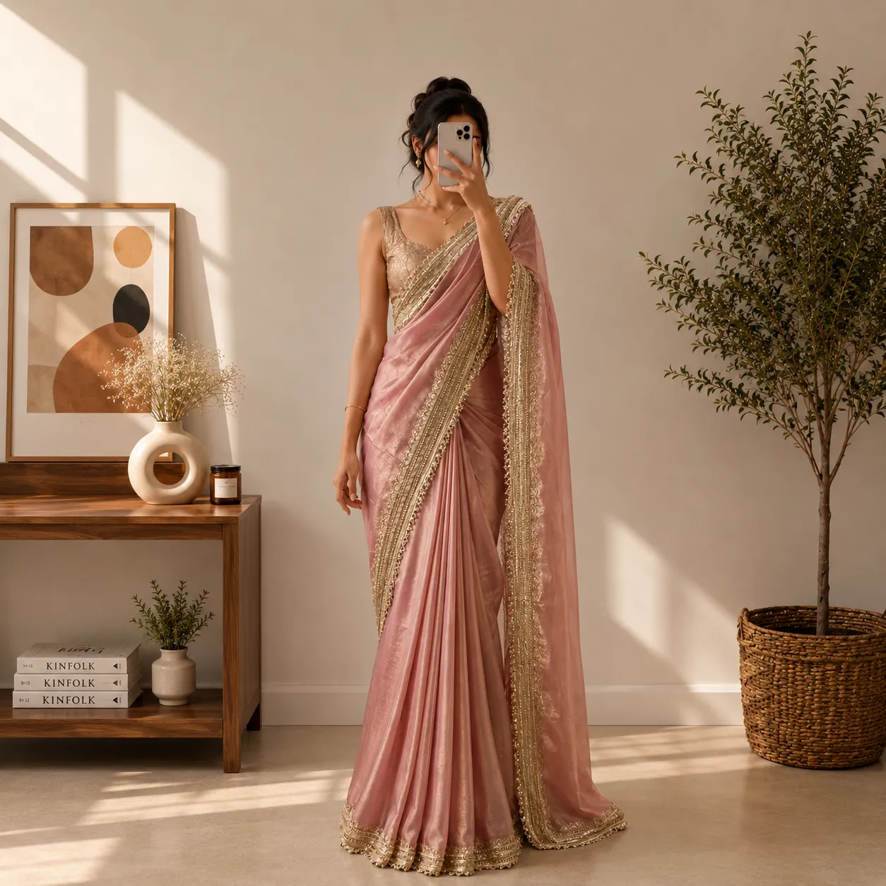 Graceful Pink & White Ombre Georgette Saree - Image 3