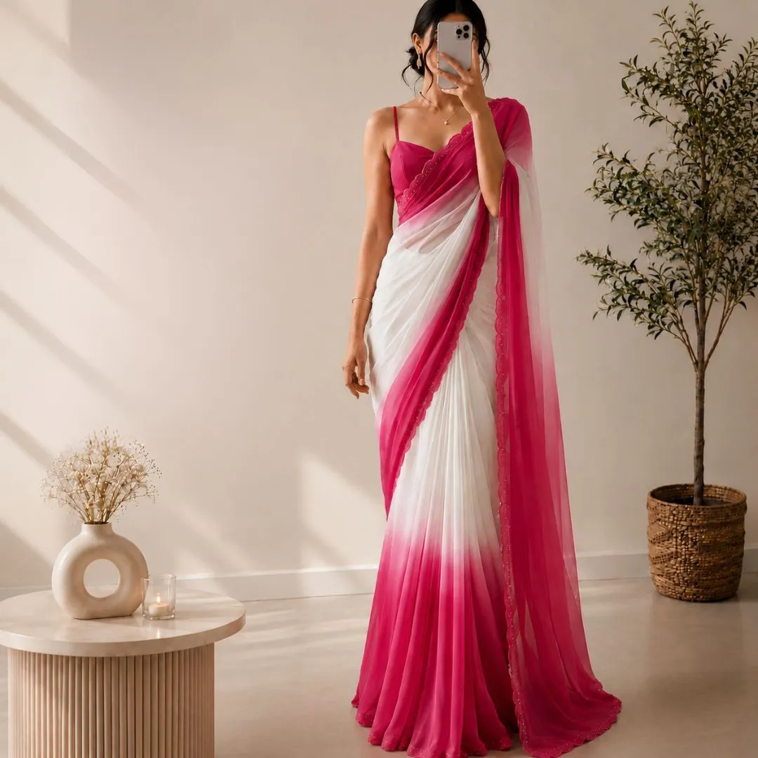 Graceful Pink & White Ombre Georgette Saree