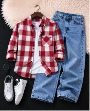 Classic Red Checkered Shirt & Relaxed Denim Jeans Combo Men