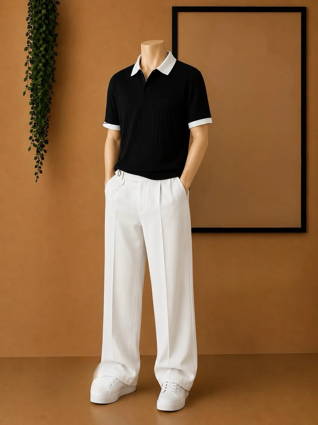 Smart Casual Maroon Ribbed Polo & Beige Trousers Combo - Image 4