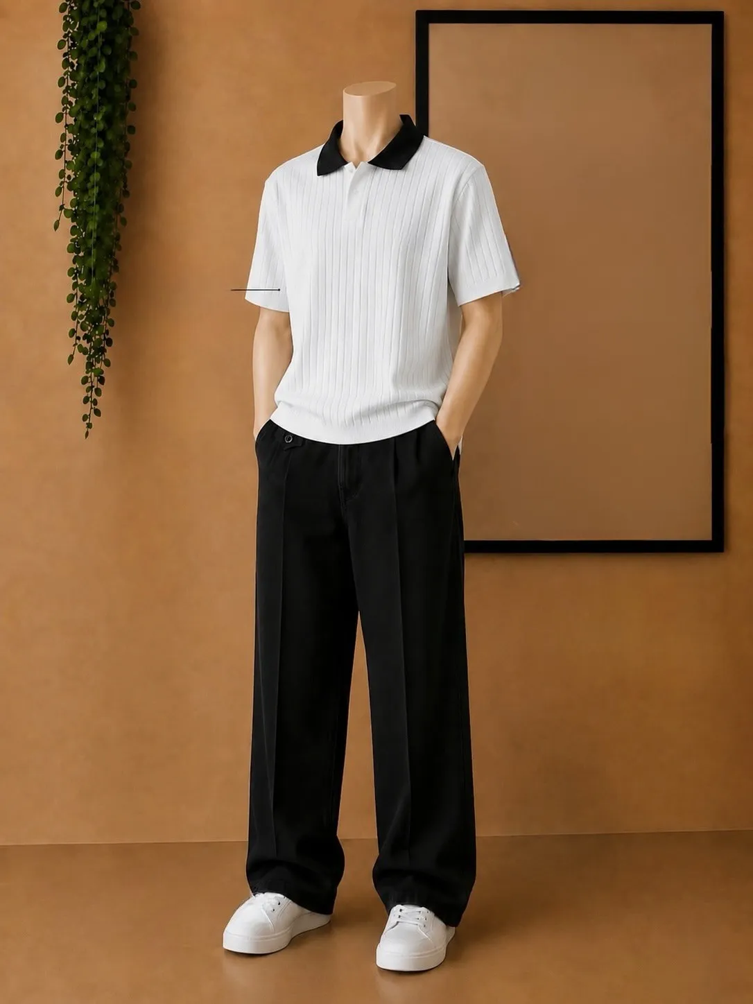 Smart Casual Maroon Ribbed Polo & Beige Trousers Combo - Image 3