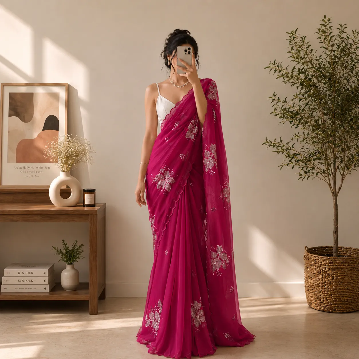 Graceful Pink & White Ombre Georgette Saree - Image 6