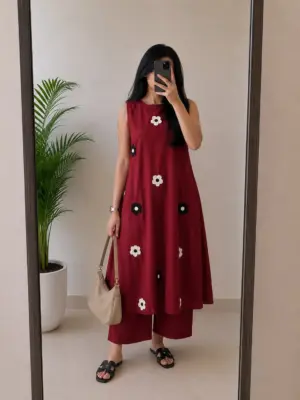 Effortless Maroon Floral Applique Tunic and Pant Set