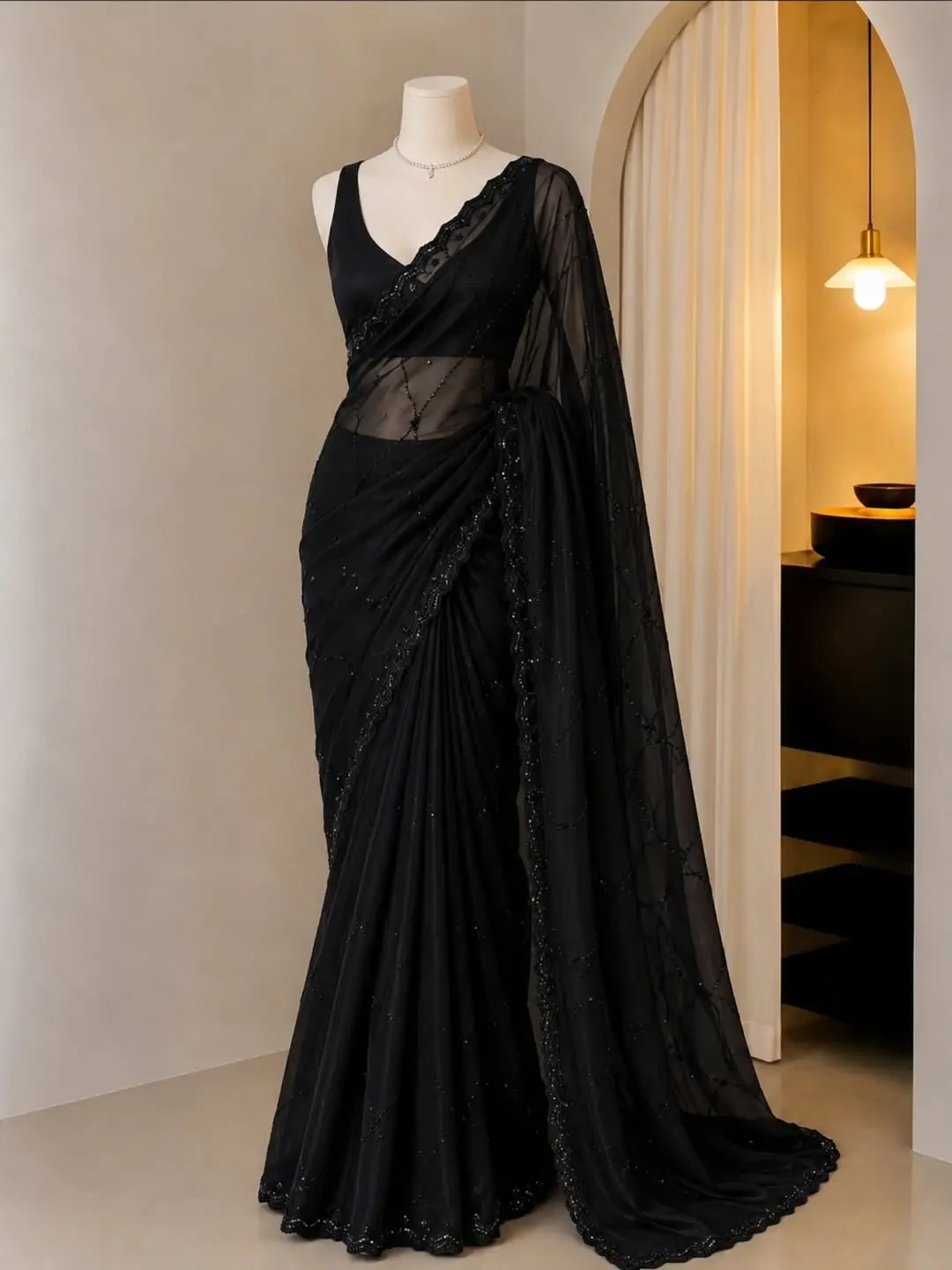 Dazzling Midnight Blue Shimmer Saree Ensemble - Image 5