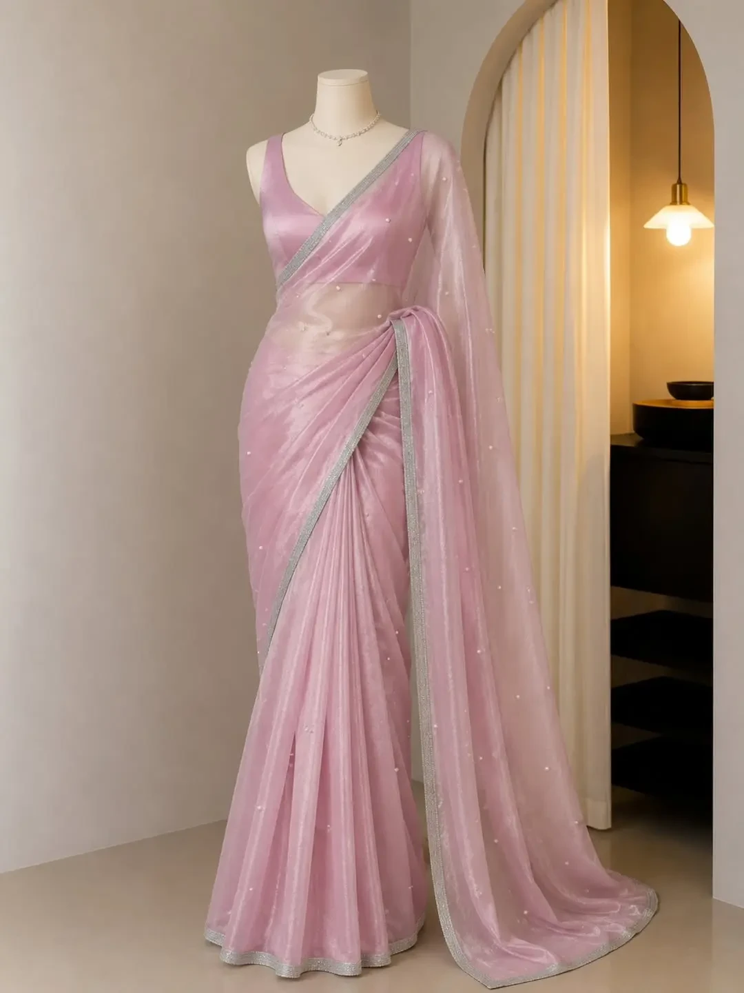 Dazzling Midnight Blue Shimmer Saree Ensemble - Image 4