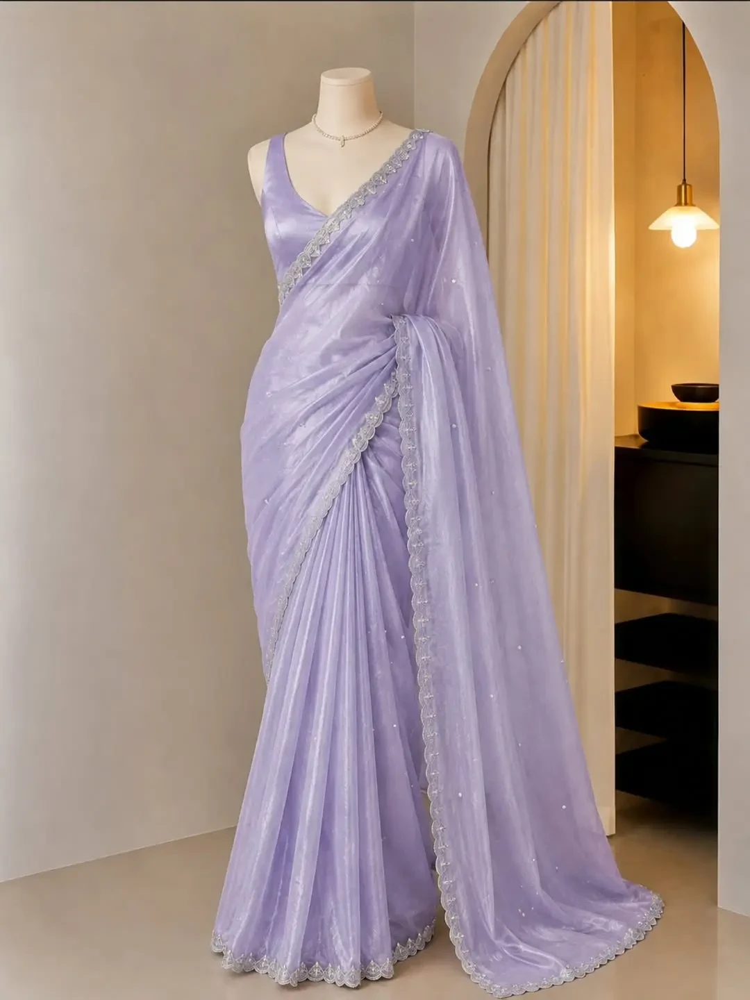 Dazzling Midnight Blue Shimmer Saree Ensemble - Image 2