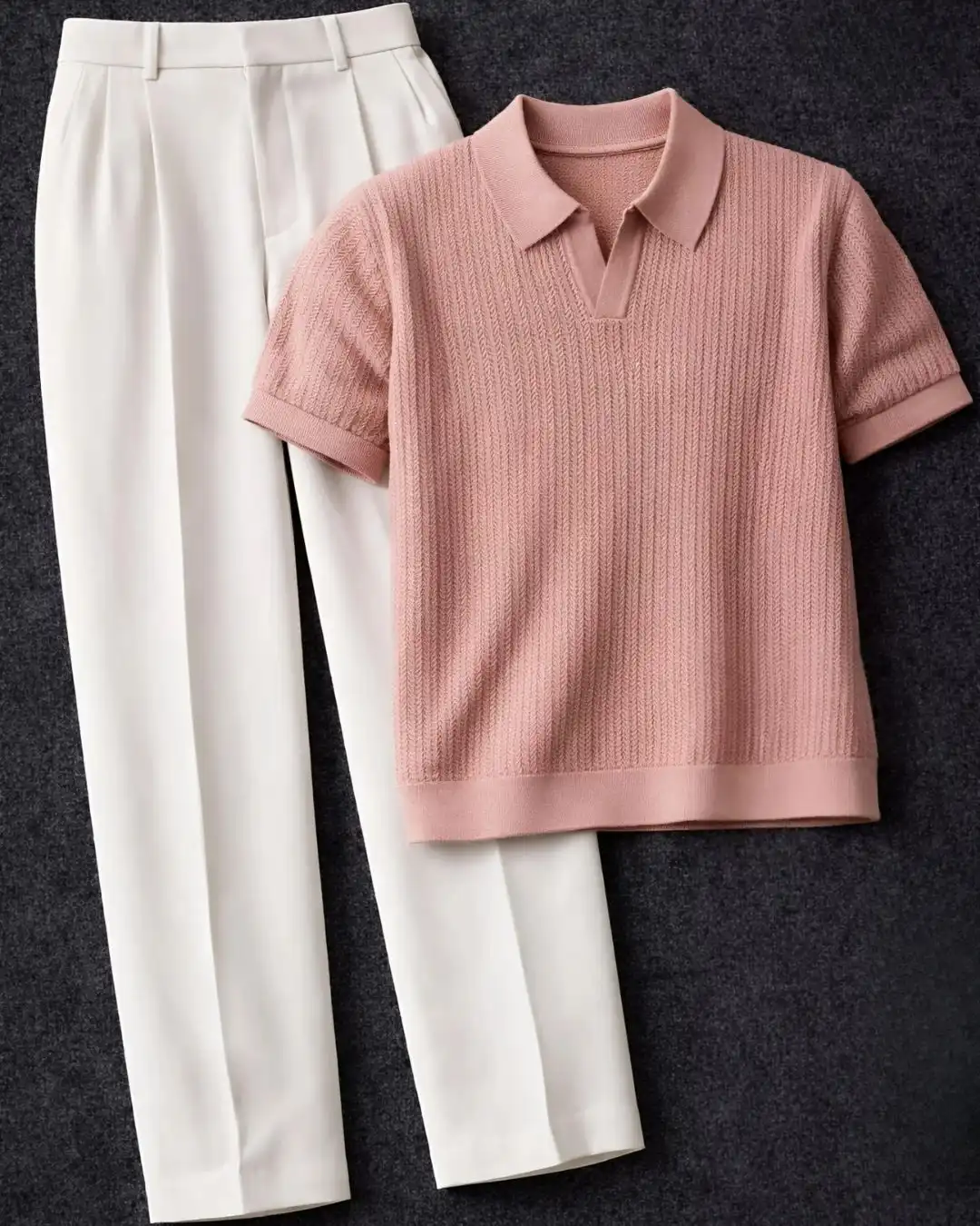 Nautical Chic Textured Polo and Tailored Pants Set - Image 3