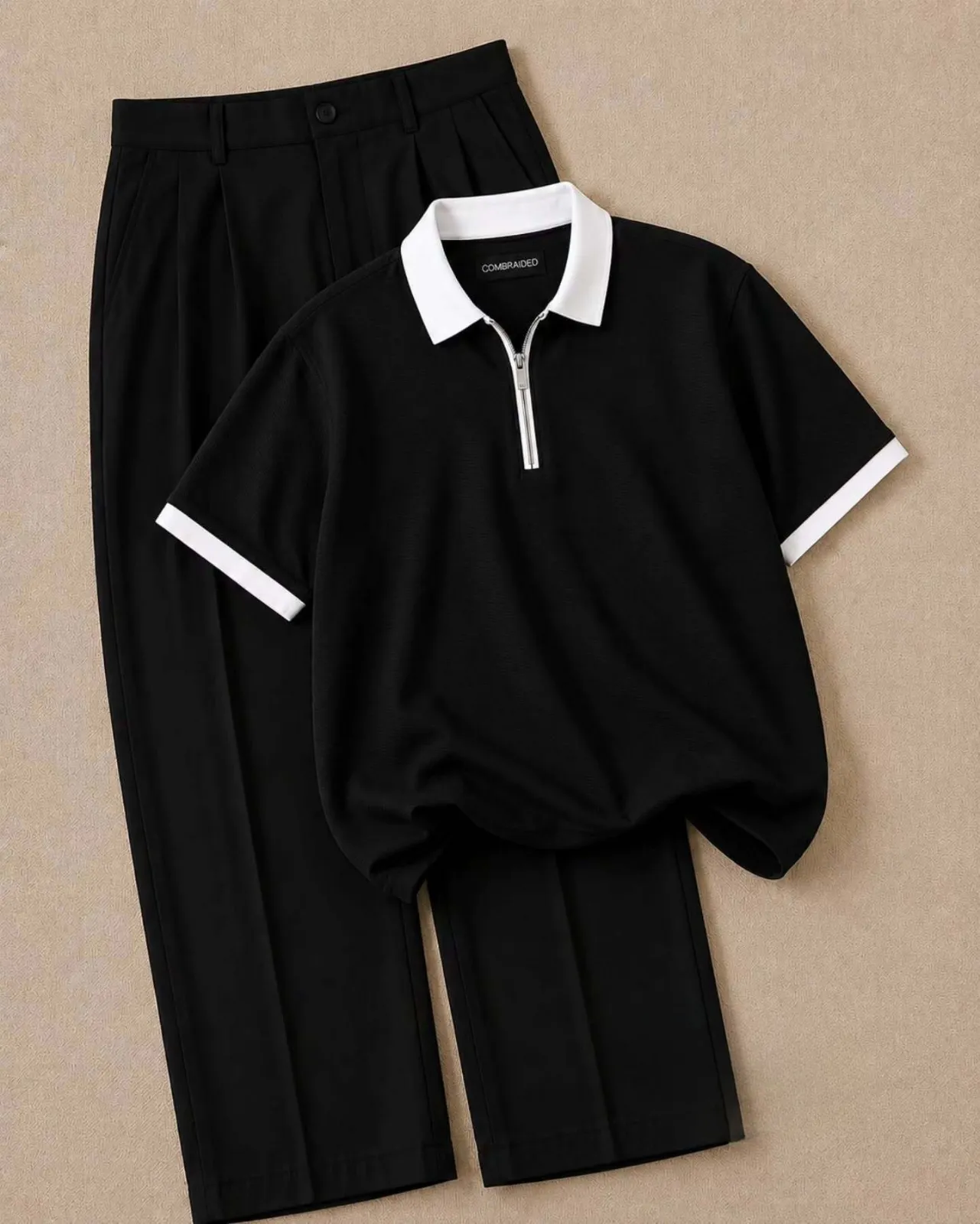 Smart Casual Dark Brown Quarter-Zip Polo & Black Trousers Combo - Image 4