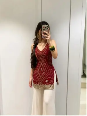 Elegant Crimson Embroidered Kurti & Off-White Sharara Set