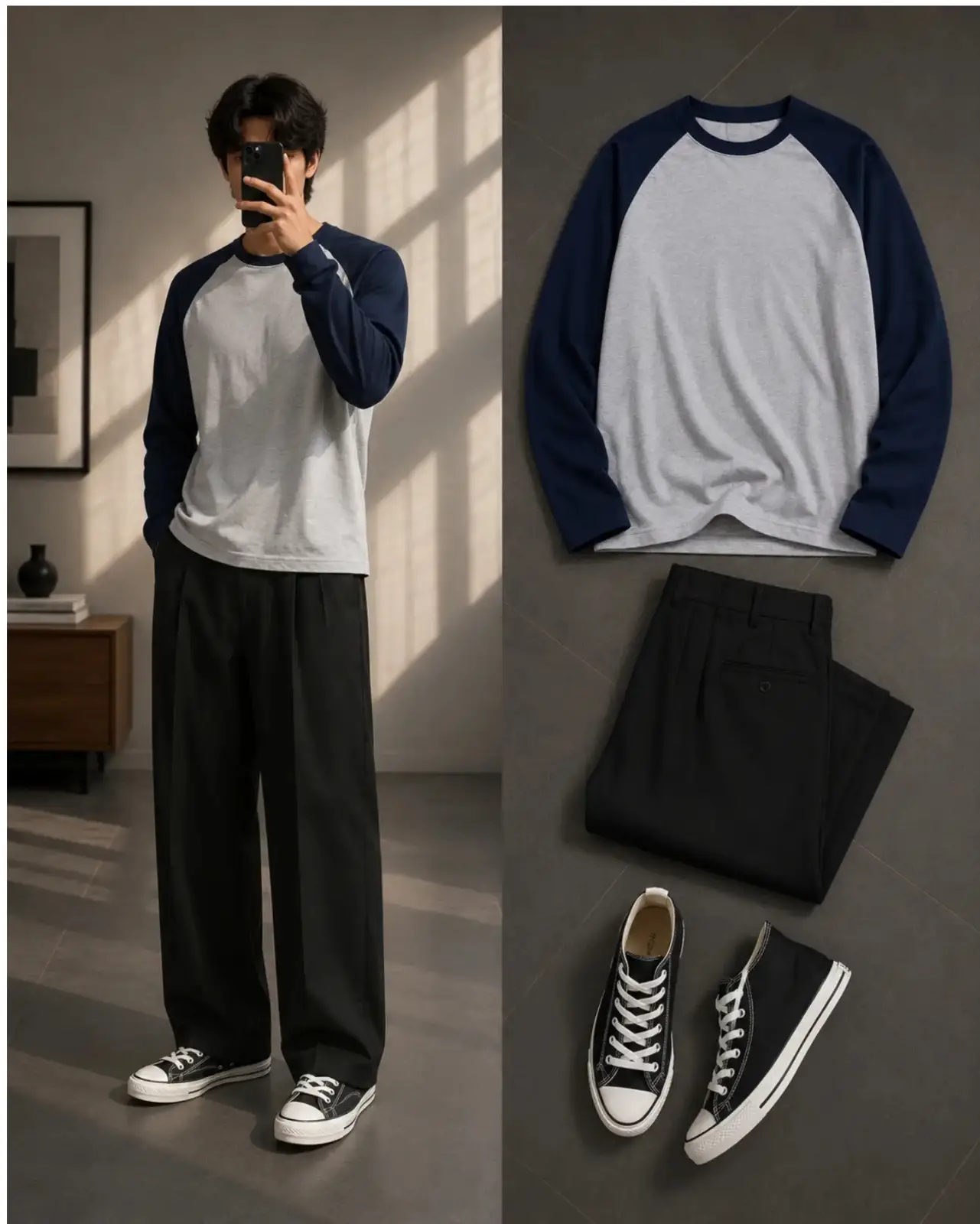 Anime-Inspired Color-Block Sweatshirt & Cream Wide-Leg Jeans Set - Image 4