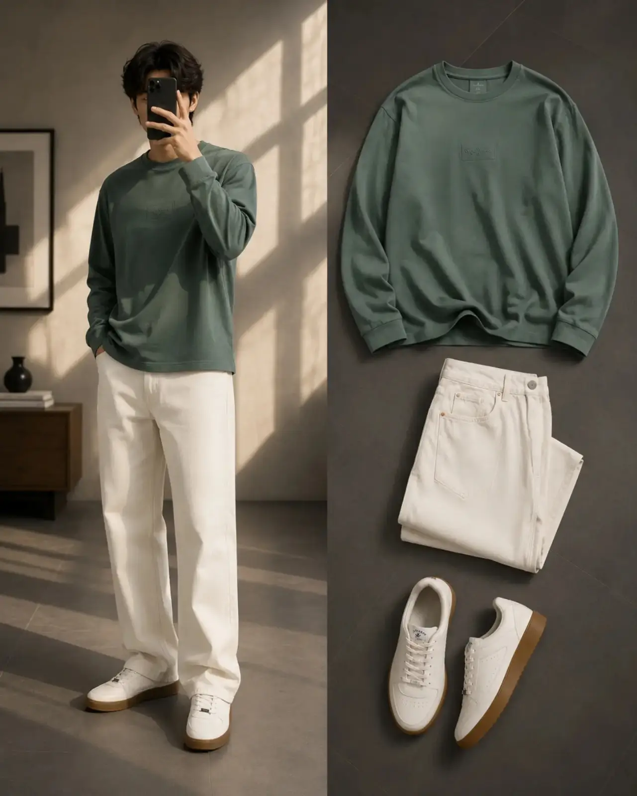 Anime-Inspired Color-Block Sweatshirt & Cream Wide-Leg Jeans Set - Image 2