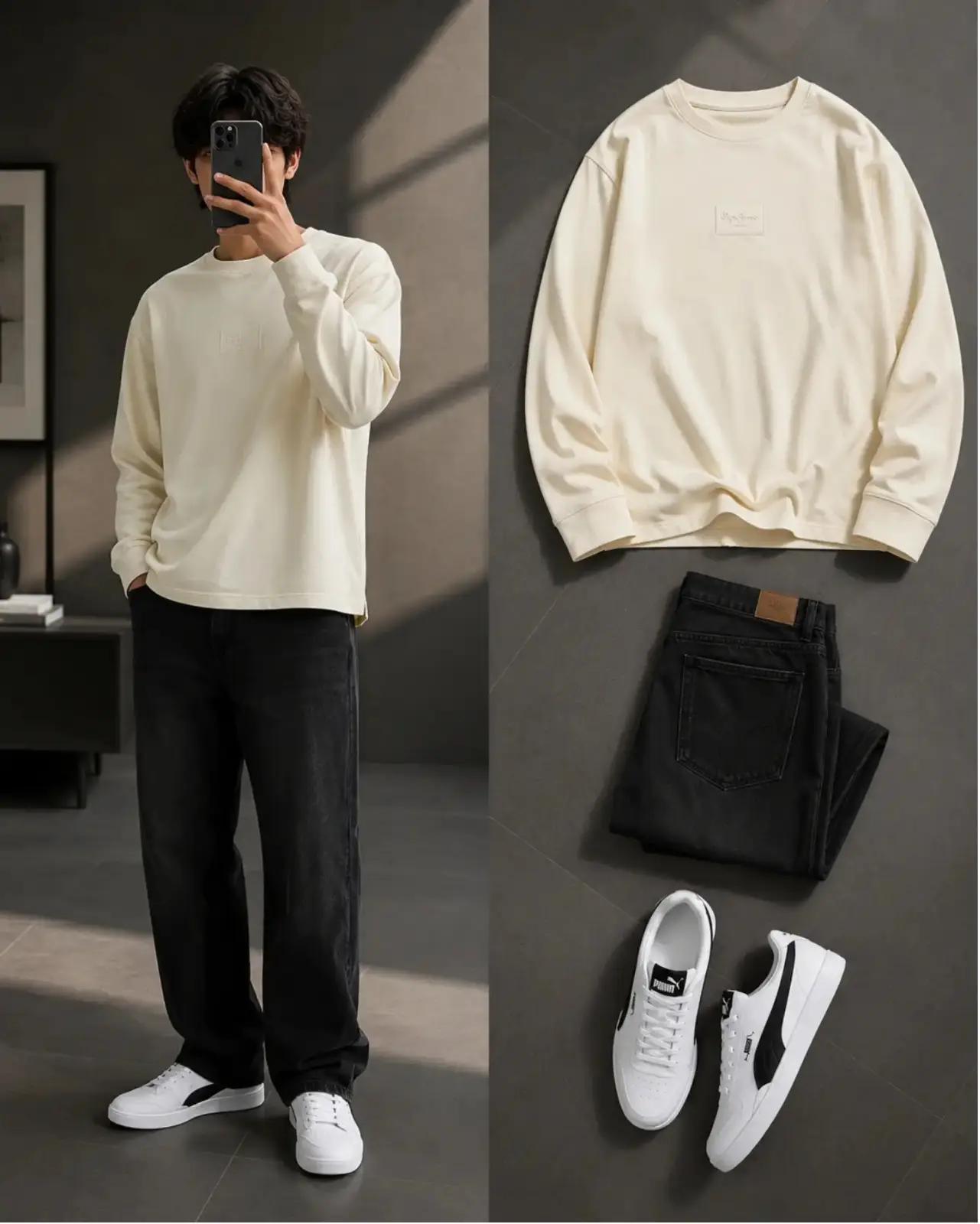 Anime-Inspired Color-Block Sweatshirt & Cream Wide-Leg Jeans Set - Image 3
