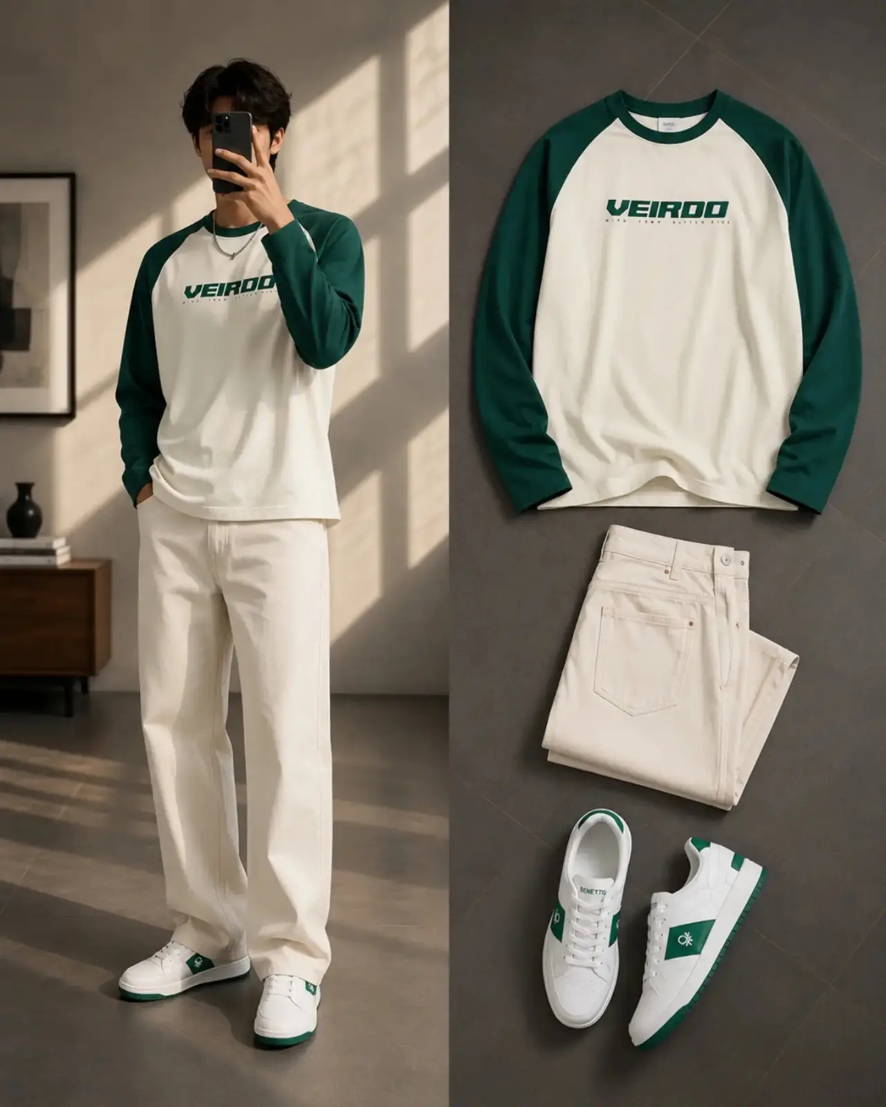 Anime-Inspired Color-Block Sweatshirt & Cream Wide-Leg Jeans Set - Image 5