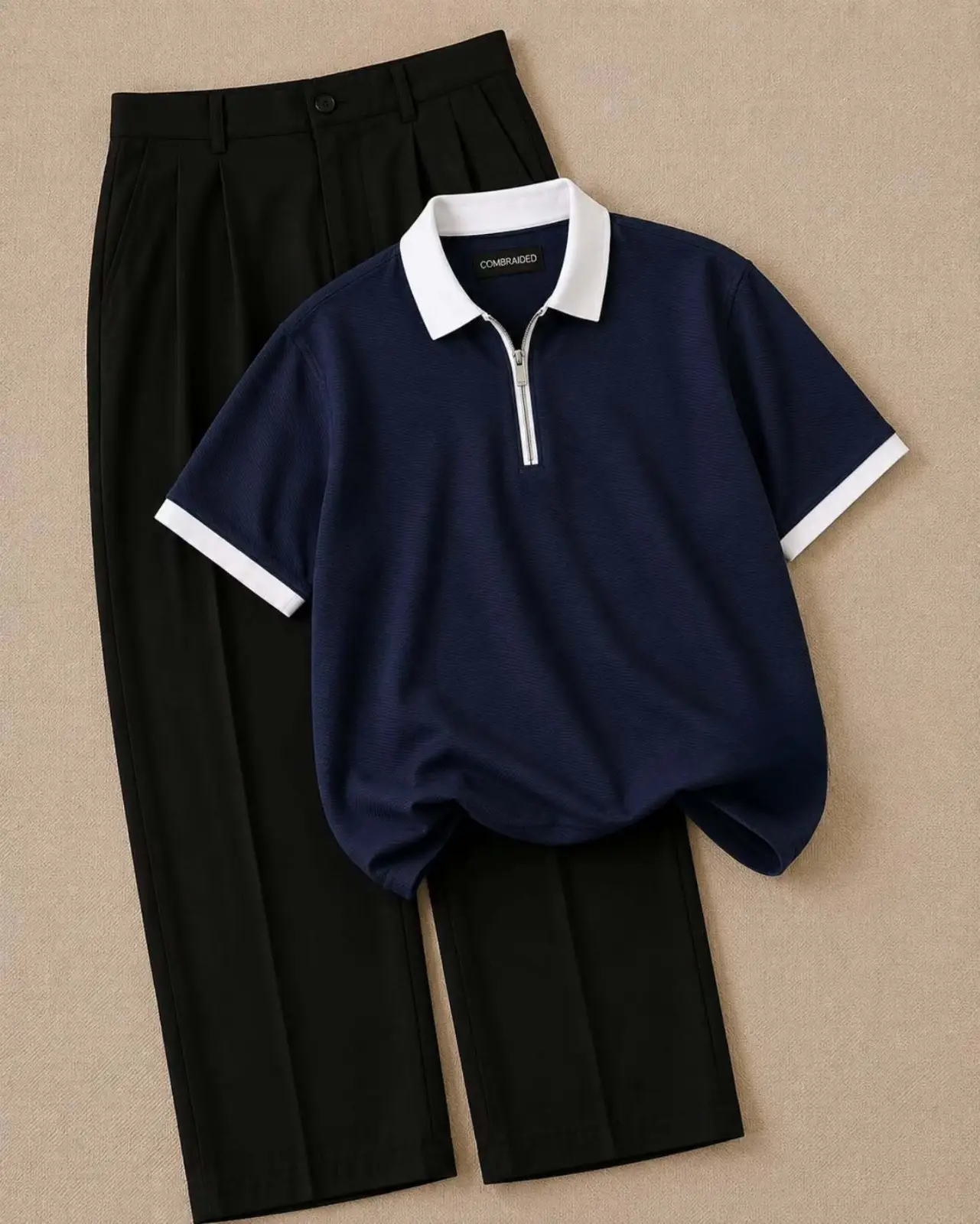 Smart Casual Dark Brown Quarter-Zip Polo & Black Trousers Combo - Image 3