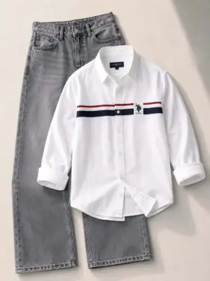 Smart Casual White Striped Shirt & Grey Denim Ensemble