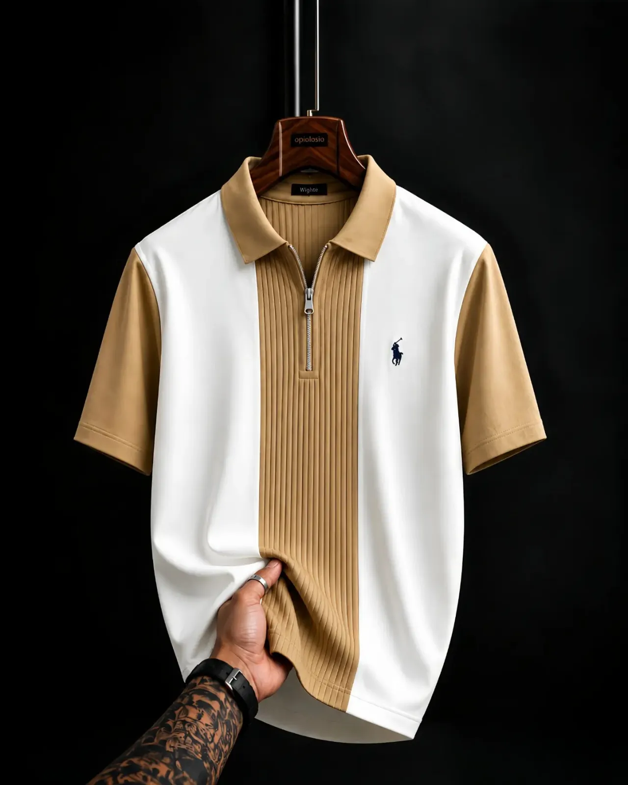 Retro Brown and White Zip-Up Polo Shirt - Image 2