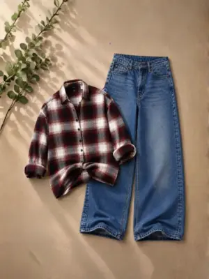 Casual Red Plaid Flannel Shirt & Wide-Leg Blue Denim Set