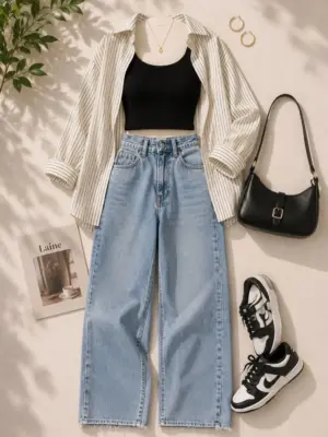 Aesthetic Layered Ensemble Striped Shirt, Crop Top & Denim