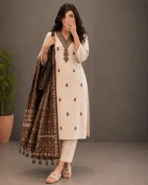 Elegant Beige & Brown Embroidered Kurta Set