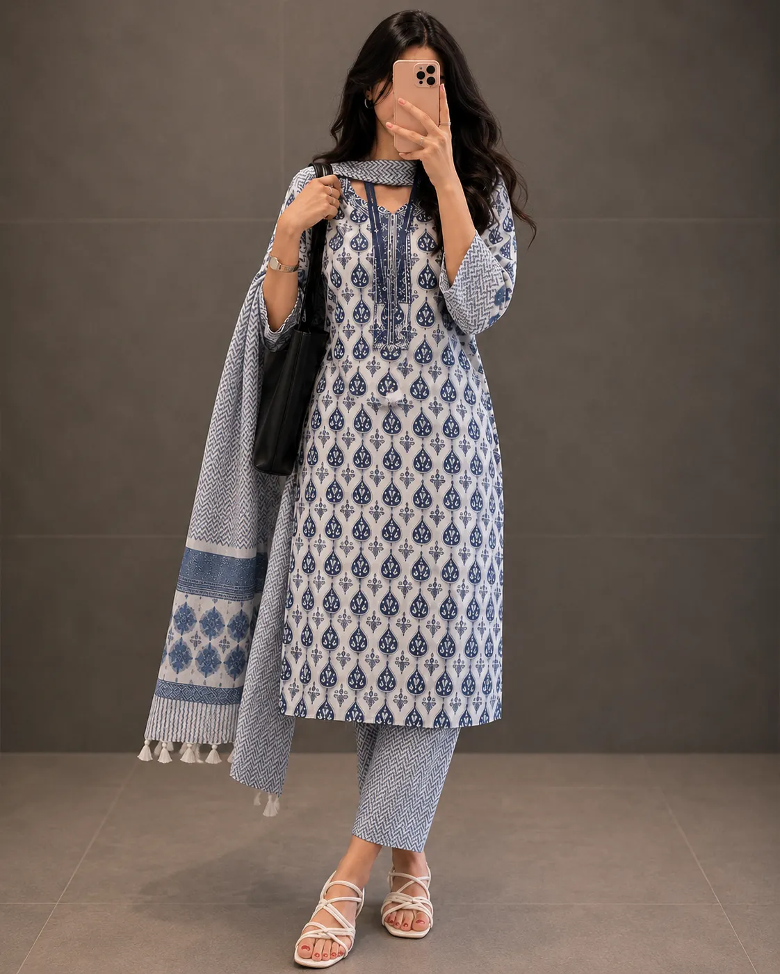 Elegant Beige & Brown Embroidered Kurta Set - Image 2