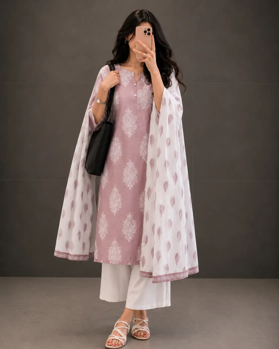 Elegant Beige & Brown Embroidered Kurta Set - Image 3