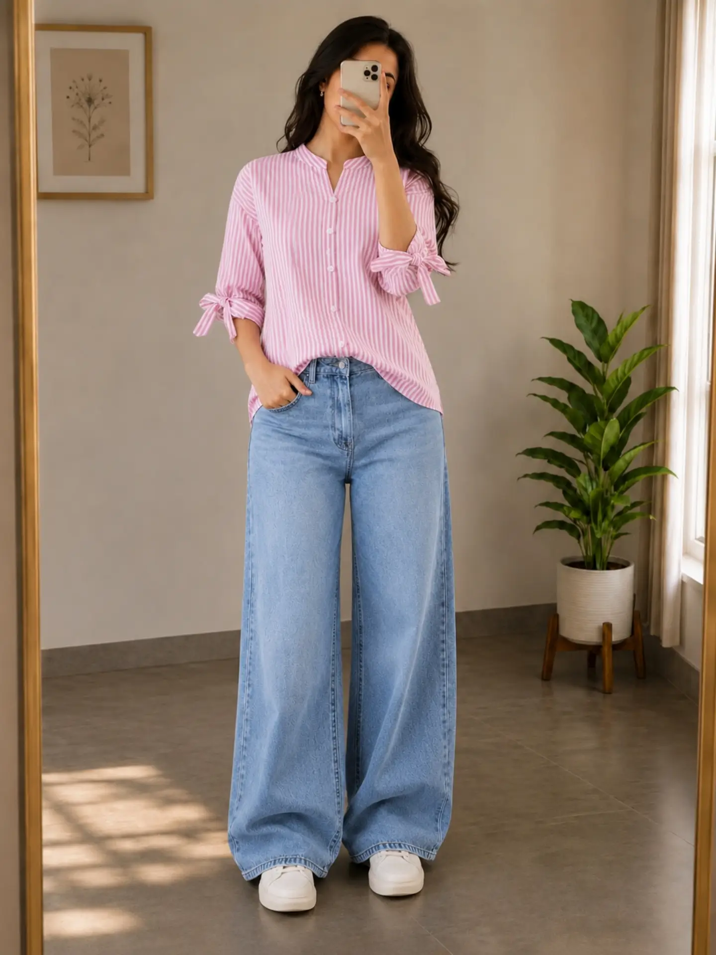 Deep Crimson Off-Shoulder Top & Palazzo-Style Jeans Ensemble - Image 2