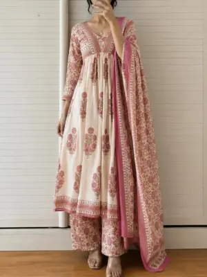 Elegant Dusty Pink Floral Anarkali Suit Set