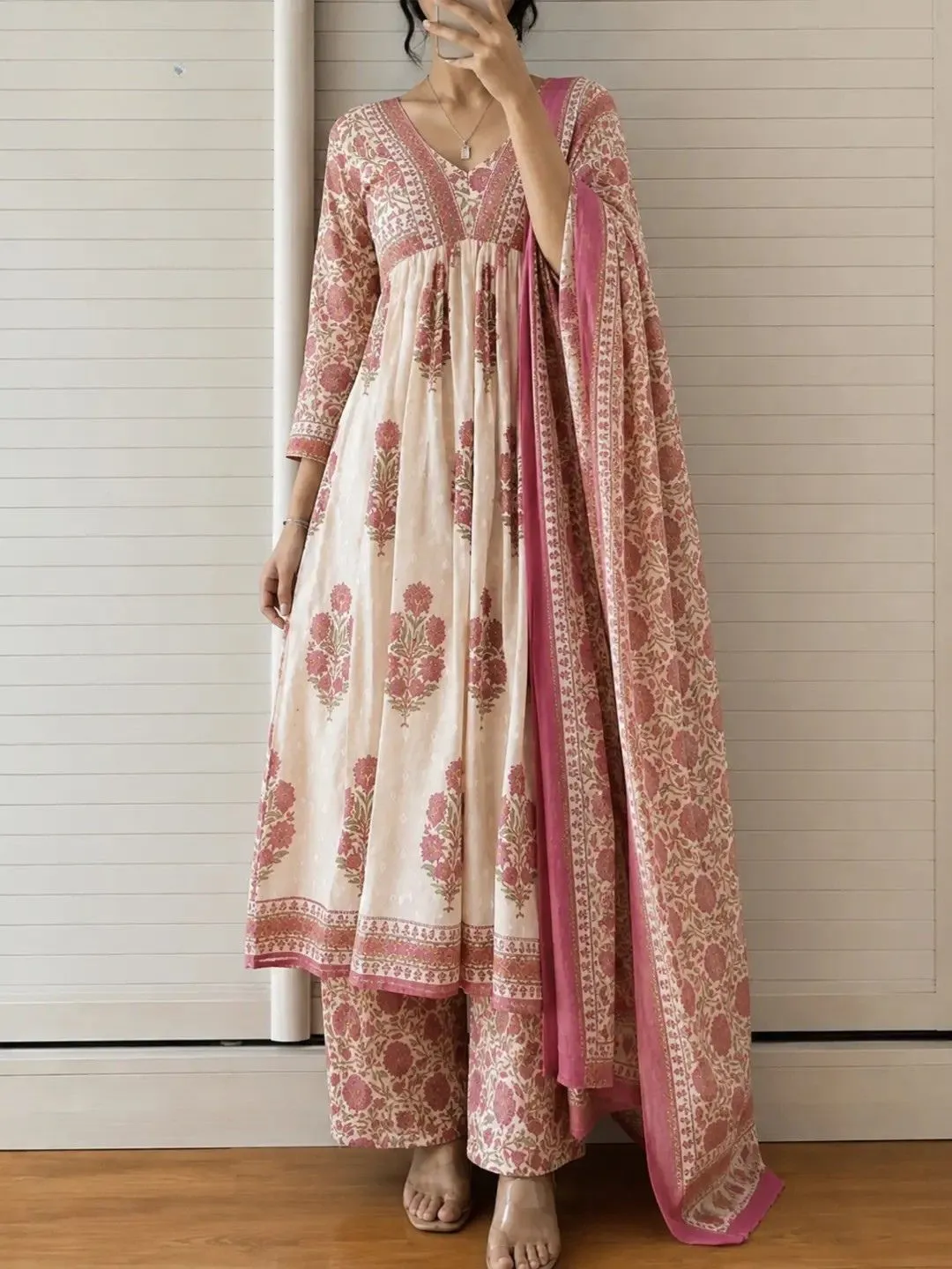 Elegant Dusty Pink Floral Anarkali Suit Set
