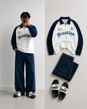 Vintage Brooklyn Half-Zip Sweatshirt & Relaxed Denim Combo