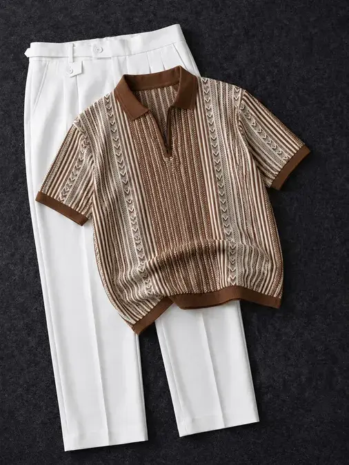 Retro Geometric Knit Polo & Tailored Black Trousers Set - Image 3