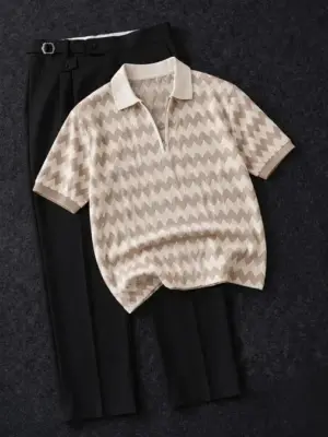 Retro Geometric Knit Polo & Tailored Black Trousers Set
