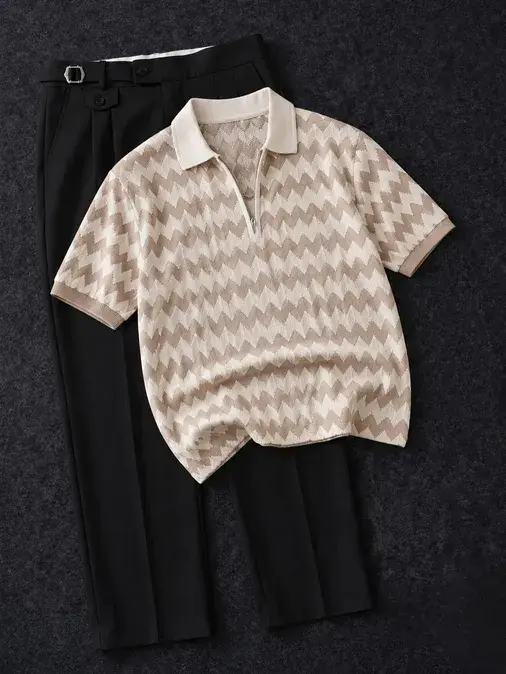 Retro Geometric Knit Polo & Tailored Black Trousers Set