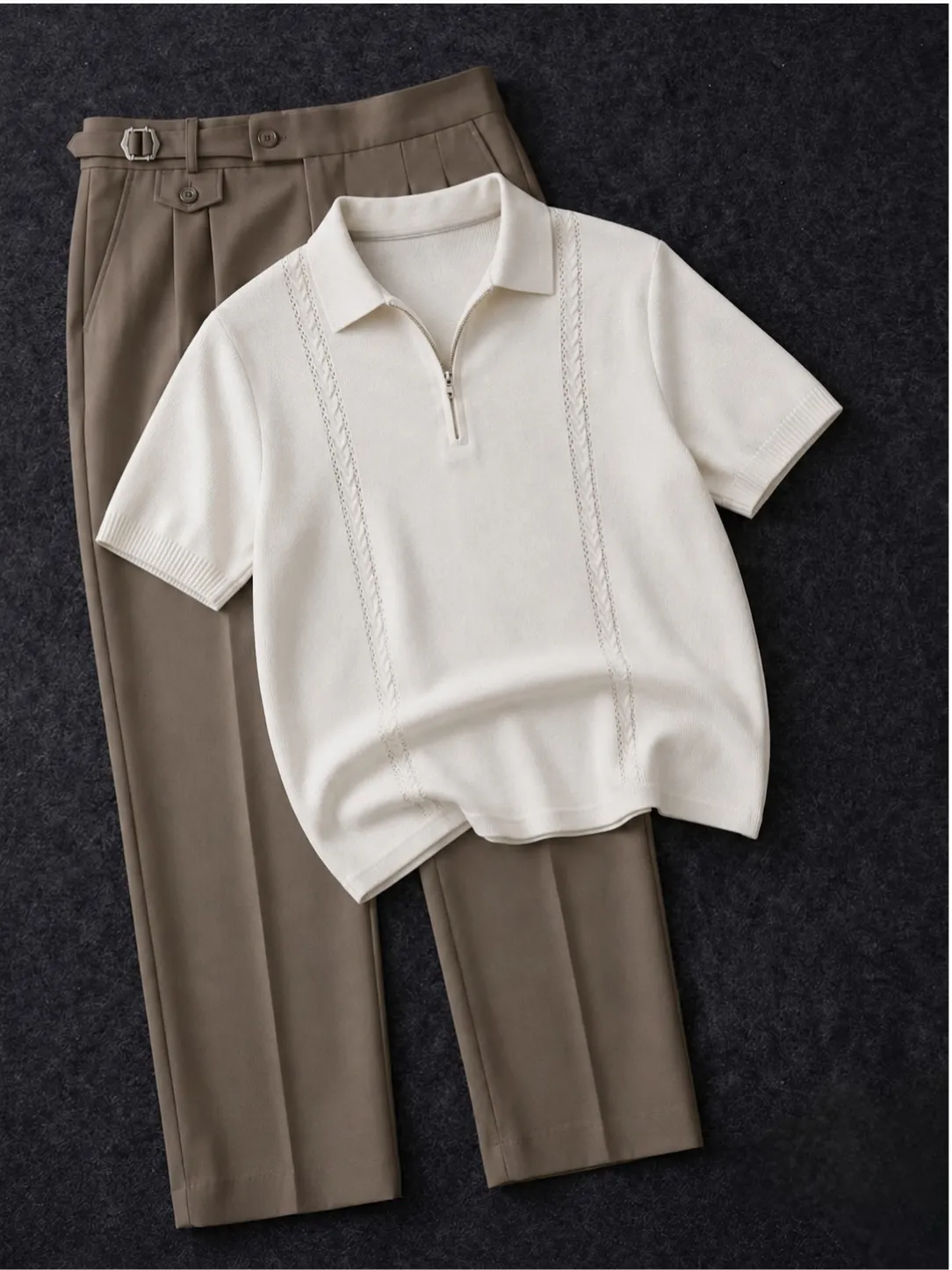Retro Geometric Knit Polo & Tailored Black Trousers Set - Image 2