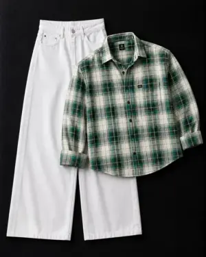 Relaxed Green Plaid Shirt & Wide-Leg White Denim Combo