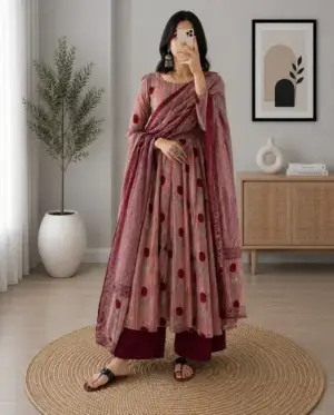 Graceful Dusty Rose Floral Anarkali & Maroon Palazzo Set