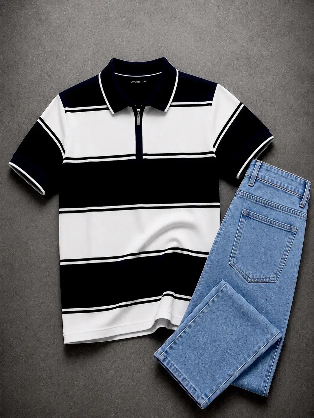 Timeless Contrast Striped Zip-Neck Polo & Dark Denim - Image 4