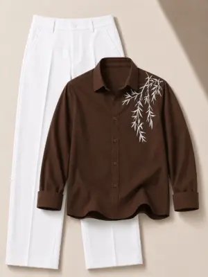 Earthy Sophistication Embroidered Chocolate Shirt & Crisp White Trousers