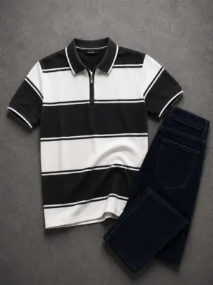 Timeless Contrast Striped Zip-Neck Polo & Dark Denim
