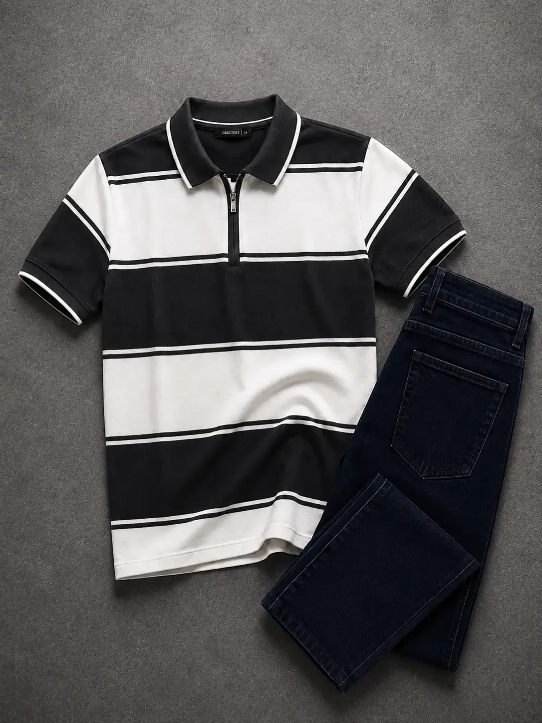 Timeless Contrast Striped Zip-Neck Polo & Dark Denim