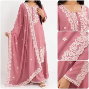 Elegant Mauve Pink Chikankari Embroidered 3-Piece Suit Set