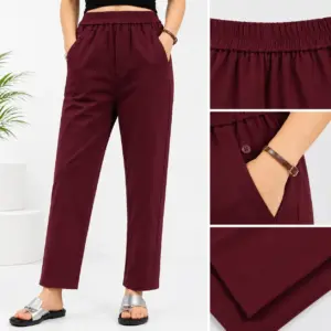 Elegant Burgundy Elastic Waist Tapered Trousers