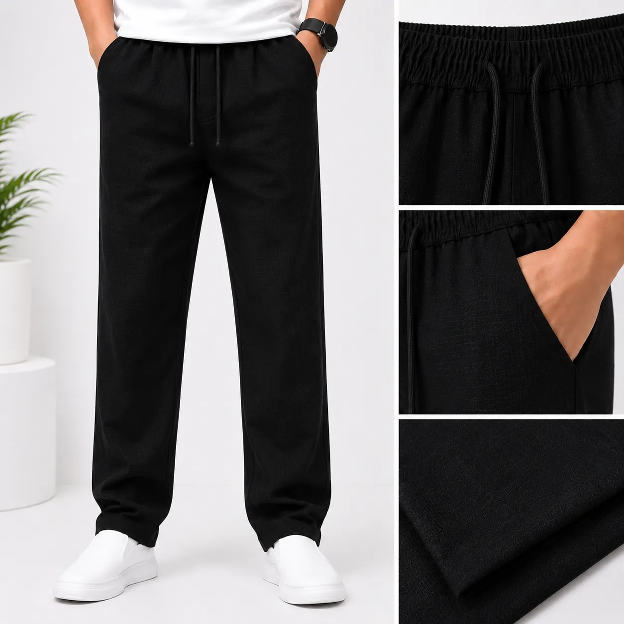 Comfortable Navy Blue Drawstring Casual Trousers - Image 3