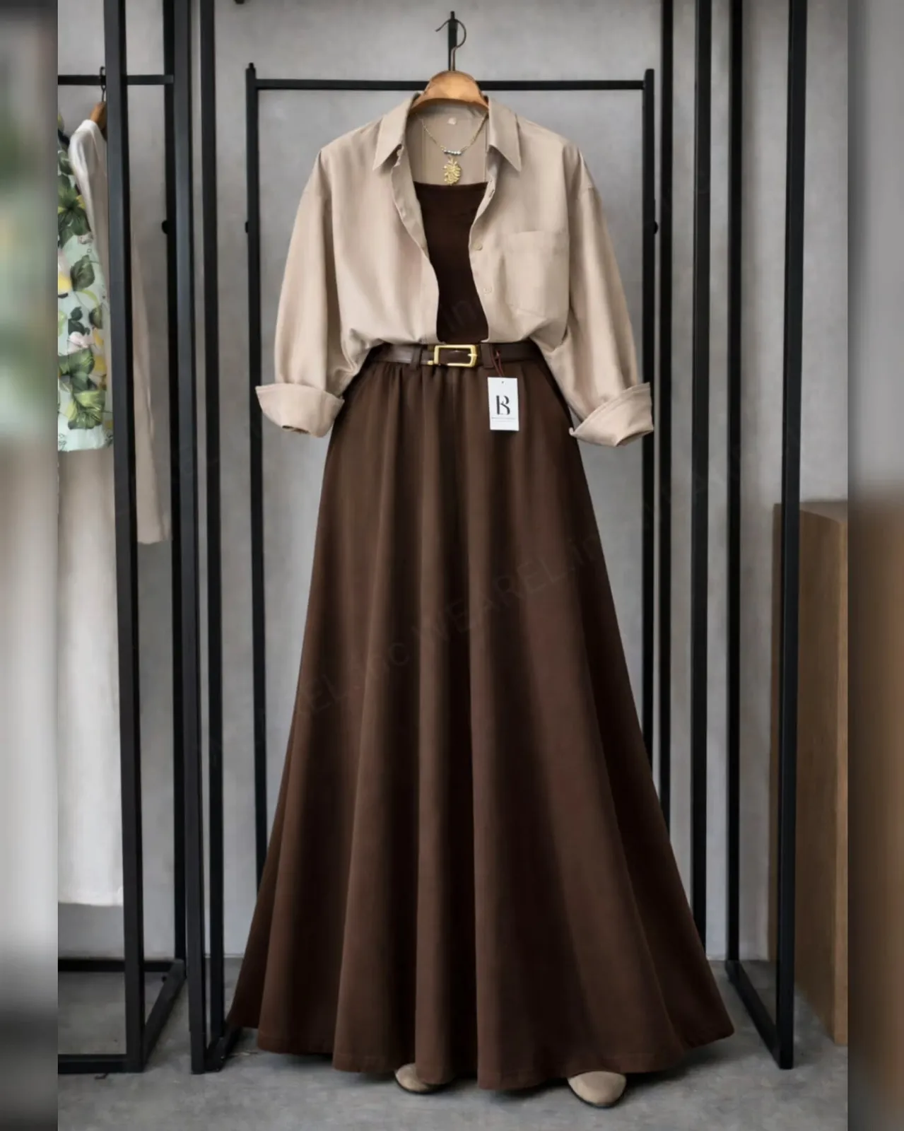Chic Minimalist Earth-Tone Maxi Skirt & Shirt Set