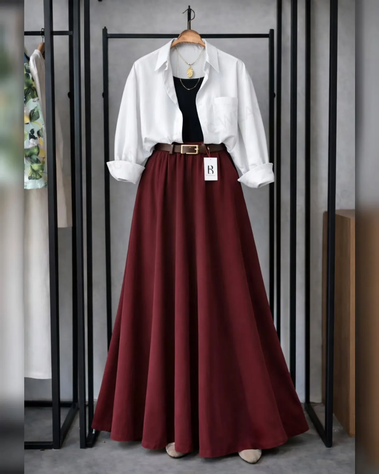 Chic Minimalist Earth-Tone Maxi Skirt & Shirt Set - Image 4